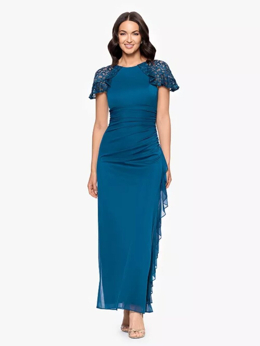Women's BA Nites Sheer Matte Jersey Gown with Short Lace Sleeves, Peacock, 12